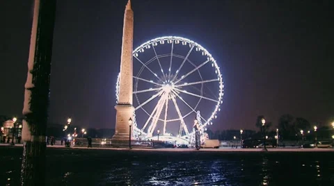 Paris by night at concorde square covered in snow Stock Footage 980037