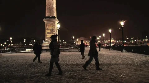 Paris by night at concorde square covered in snow Stock Footage 980803