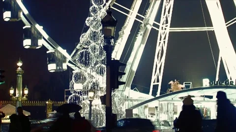 Paris by night at concorde square covered in snow Stock Footage 980892