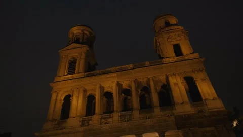 Paris Night Scene Featuring the Saint-Sulpice Church Facade Stock Footage 319244546
