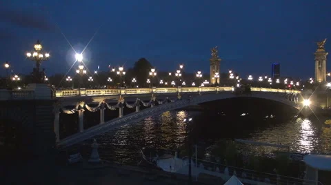 Paris Night View Seine River Bridge Lights Water Reflected Touristic Landmark. Stock Footage 64309530