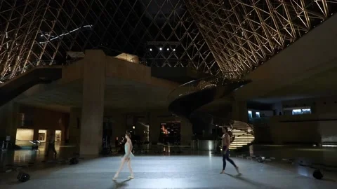 Paris Opera Ballet dancers perform at Louvre exhibition on Michelangelo and Rodi Stock Footage 332982163
