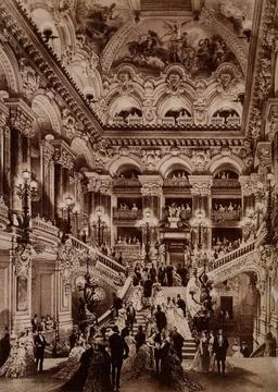 PARIS Opera interior with the main staircase (foyer) according to a print ... Stock Photos