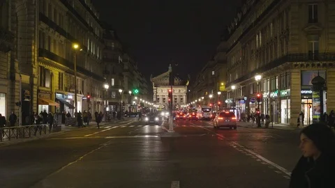 Paris Opera At Night - Traffic on Boulevard Stock Footage 100885563