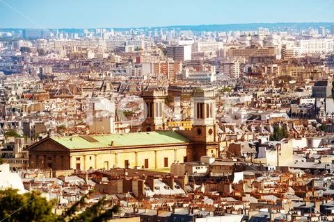 Paris panorama and focus on Saint-Vincent de Paul Stock Photos