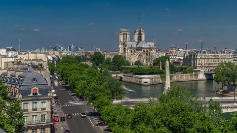 Paris Panorama with Cite Island and Cathedral Notre Dame de Paris timelapse from Stock Footage
