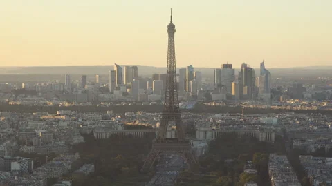 Paris panorama with Eiffel tower and La Defense in warm sunset light Stock Footage 263982265