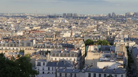 Paris panoramic landscape view city buildings roofs from the top of Montmartre Stock Footage 77039202