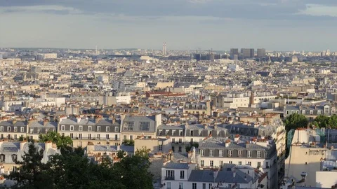 Paris panoramic landscape view city buildings roofs from the top of Montmartre Stock Footage 77039231