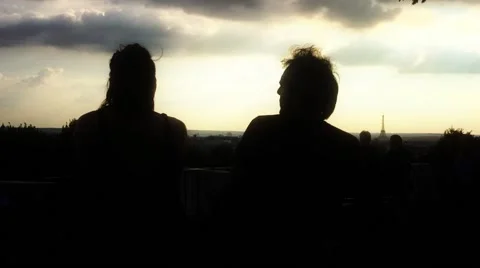 Paris Panoramic View Young Couple Sunset, Dolly Shot Stock Footage 66558362