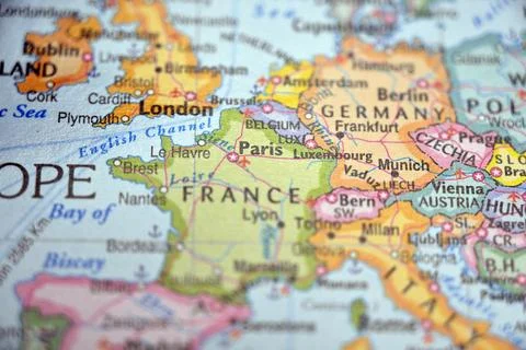 Paris Pinpointed on World Map with Soft Blur Background Modern Travel Concept Stock Photos