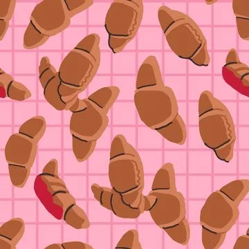 Paris restaurant tablecloth seamless pattern. Croissants pattern on pink in hand Illustrazione stock