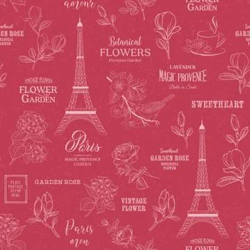 Paris romantic seamless pattern. Spring tour swatch with birds, flowers and Stock Illustration