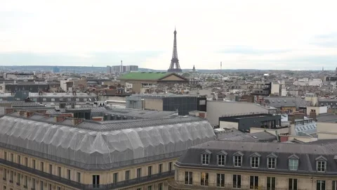 Paris Rooftop View with Eiffel Tower in Distance from Galeries Lafayette Stock Footage 333010069