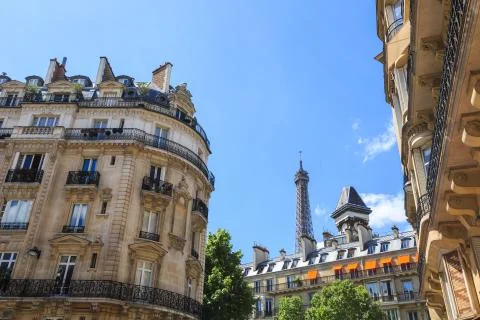 Paris rooftops against a backdrop of Eiffel Tower Foto stock