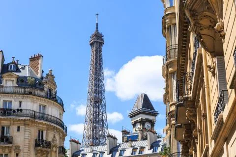 Paris rooftops against a backdrop of Eiffel Tower Stock Photos