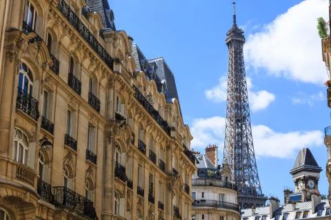 Paris rooftops against a backdrop of Eiffel Tower Stock Photos