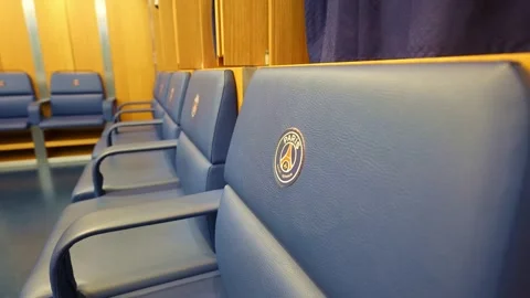 Paris Saint-Germain stadium changing room of PSG football club in Paris France.  Stock Footage 253347647