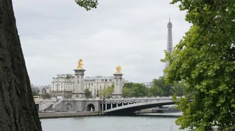 Paris scenery with river Seine Eiffel tower and Alexandre III bridge 4K 2160p Stock Footage 54134323
