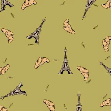 Paris seamless pattern with eiffel tower and croissant Stock Illustration