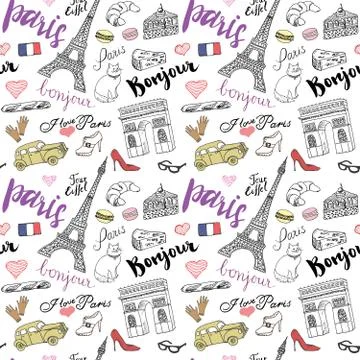 Paris seamless pattern with Hand drawn sketch elements - eiffel tower triumf  Stock Illustration