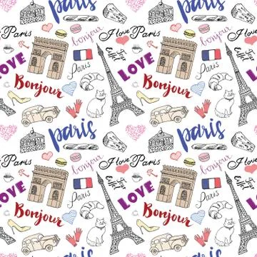 Paris seamless pattern with Hand drawn sketch elements - eiffel tower triumf  Stock Illustration