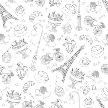 Paris seamless pattern with Hand drawn sketch elements - eiffel towerh, fashi Illustrazione stock