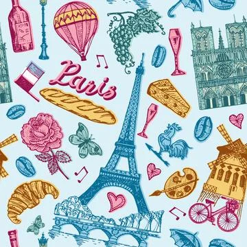 Paris seamless pattern in vintage retro style. France, eiffel tower and Stock Illustration
