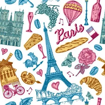 Paris seamless pattern in vintage retro style. France, eiffel tower and Stock Illustration