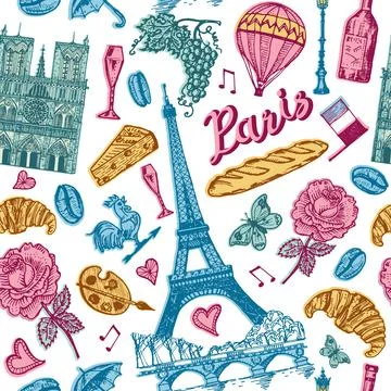 Paris seamless pattern in vintage retro style. France, eiffel tower and Stock Illustration