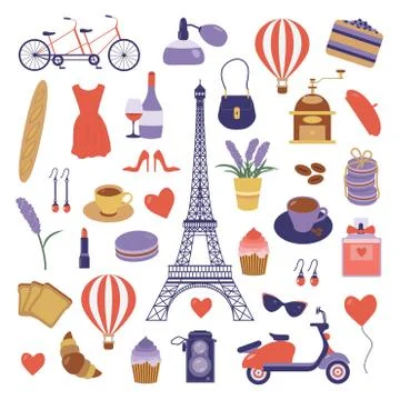 Paris Set with Romantic Travel Elements Stock Illustration