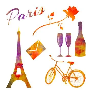 Paris. Set of watercolor objects. Tower, bicycle, rose, bottle etc. Stock Illustration