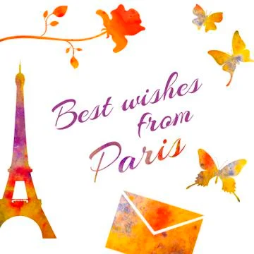 Paris. Set of watercolor objects. Tower, rose, letter, envelope etc. Stock Illustration