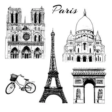 Paris sightseeing set. Eiffel tower, Arc de Triomphe, Basilica of Sacre Coeur Stock Illustration
