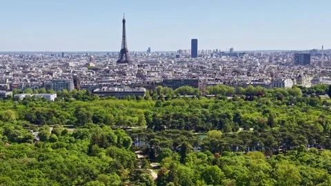 Paris skyline above Bois de Boulogne aerial Stock Footage 334590247