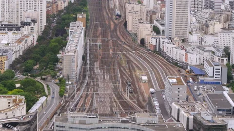 Paris skyline from above with train station of Vaugirard  from Montparnasse Tour Vídeo Stock 237925634