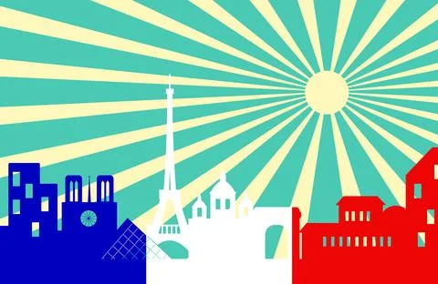 Paris skyline behind sun ray with French flag Stock Illustration