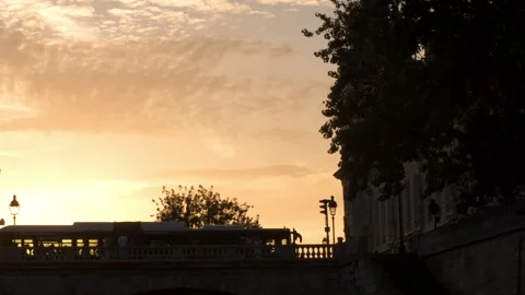 Paris Skyline Dusk Silhouette Trees Warm Evening Sky France Stock Footage 333877752