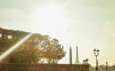 Paris skyline with the Eiffel Tower and Luxor Obelisk emerging above autumn.. 스톡 사진