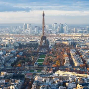 Paris skyline with Eiffel Tower over Champ de Mars Stock Photos
