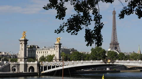 Paris Skyline Eiffel Tower silhouette Golden Statues Alexander III Bridge Pont Stock Footage 31927415