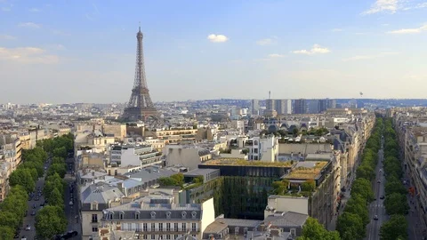 Paris skyline with the Eiffel tower on a sunny day in France Stock Footage 126394879