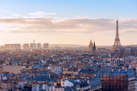 Paris skyline with eiffel tower at sunset Stock Photos