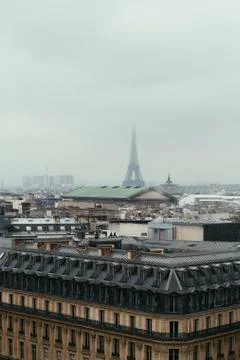 Paris skyline with rooftops and the Eiffel tower on a foggy day. Paris symbol Foto stock
