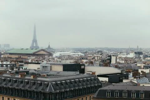 Paris skyline with rooftops and the Eiffel tower on a foggy day. Paris symbol Foto stock