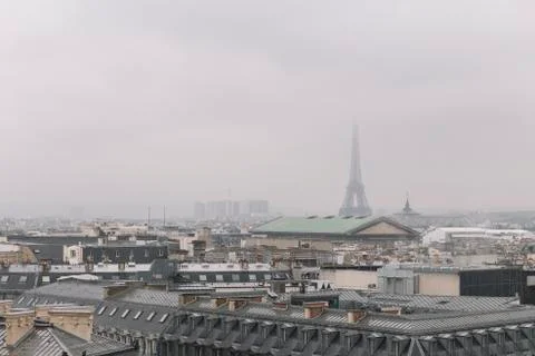Paris skyline with rooftops and the Eiffel tower on a foggy day. Paris symbol Foto stock