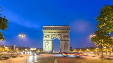 Paris skyline timelapse Arc de Triomphe Champs Elysees, France 4K Time lapse Stock Footage 84580651