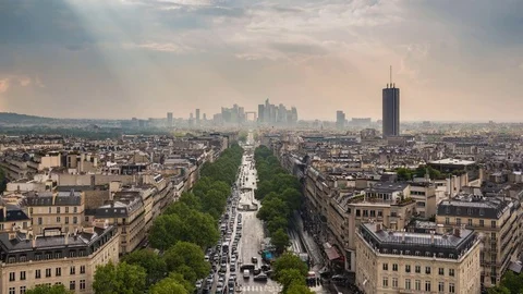 Paris skyline timelapse at La Defrense and Champs Elysees, France, 4K Time lapse Stock Footage 75845706