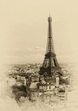 Paris skyline: Tour Eiffel (Eiffel Tower) in retro style; high noise added Stock Photos