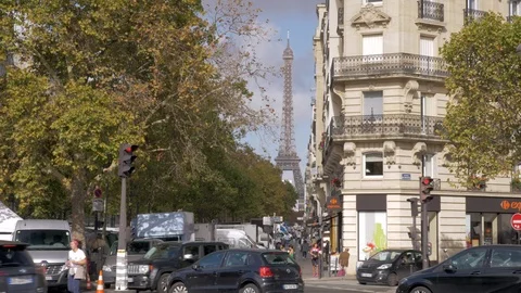 Paris street with view to the Eiffel Tower, France Stock Footage 87961887